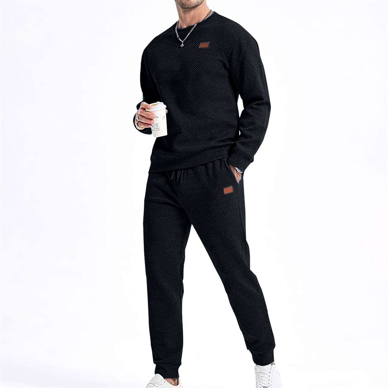 Conjunto de chándal de ajuste holgado para hombre, conjunto completo de dos piezas, color liso, cuello redondo, sudadera casual y pantalones deportivos con bolsillos para uso diario casual y