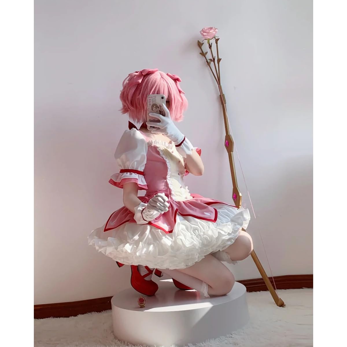 Madoka Magica Cosplay Costume with Bustle Anime Halloween Cosplay Costume Set: Clothing+bustle+wig Medium