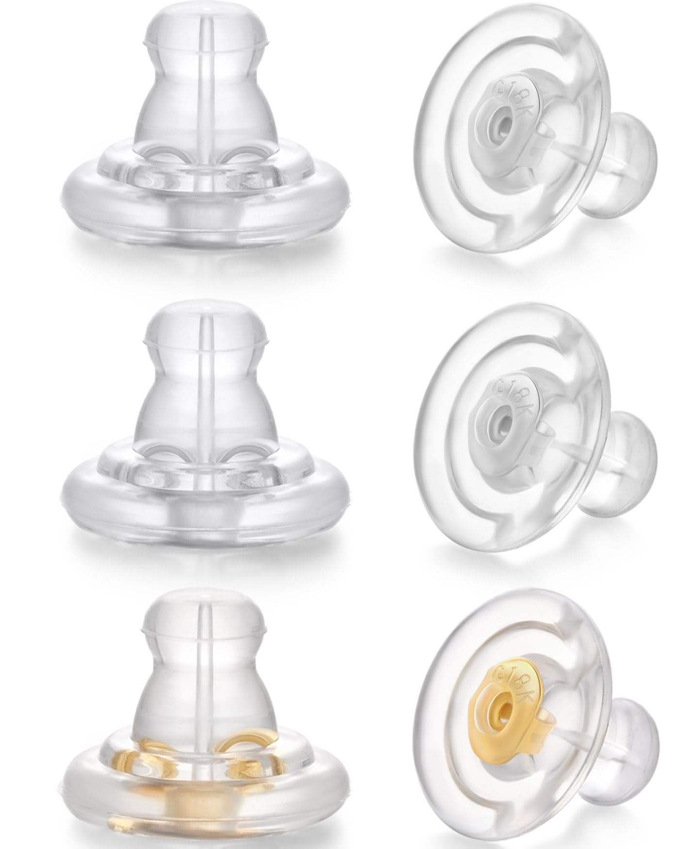 Silicone Earring Backs, 6pcs 18K Gold Silicone Earring Backs Replacements for Studs/Droopy Heavy Earrings, Hypoallergenic Soft Clear Backing for Adults 4 Silver+2 Gold