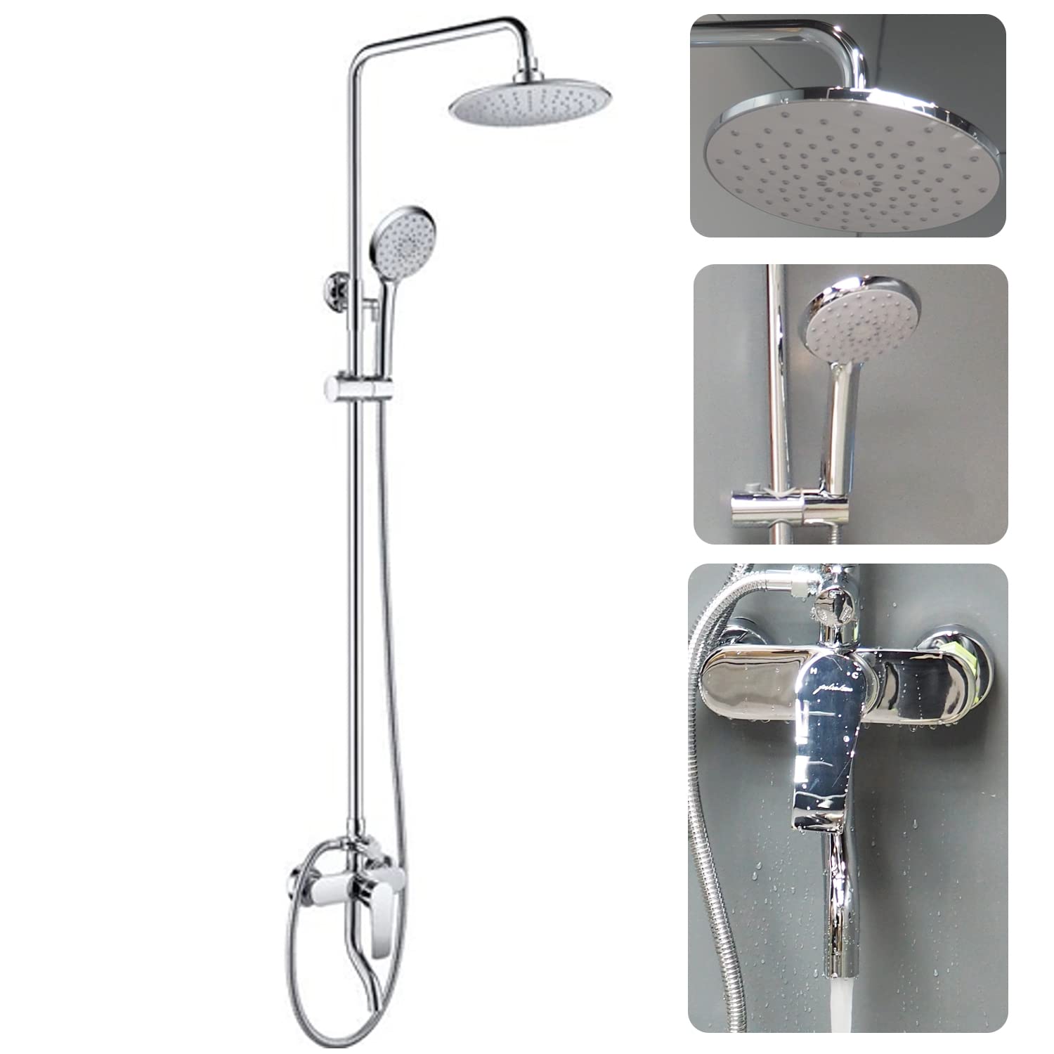 FASHION HOME Shower Mixer Set with 20cm Rain Showerhead, 3-Function Hand Shower 1.5M Stainless Steel Hose, Chrome