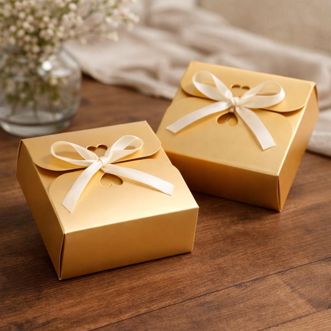 SATYAM KRAFT 12 Pcs Multipurpose Decorative Paper Folding Storage Box with Ribbon for Wedding Gifts, Return Gifts, Birthday, Perfect for Packing Chocolates, Dry Fruits & Wedding Favors.(Golden)-image-35