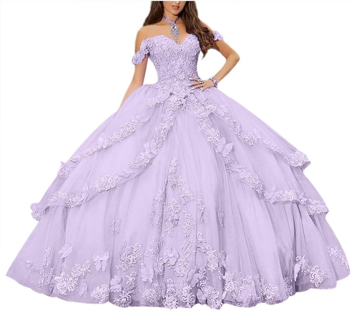 Vestidos de quinceañera con Hombros Descubiertos para Mujeres Adolescentes Vestidos de Fiesta con Apliques de Encaje Floral 3D Vestido de Fiesta Formal MT017