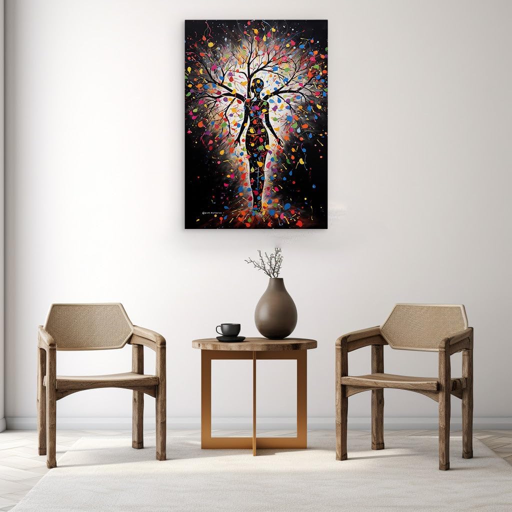 Canvas for Living room. Embracing Colors: A Woman's Silhouette and the Vibrant Tree of Life, 27 x 18 inch Canvas Wall Art - Contemporary Masterpieces - Modern Home Decor