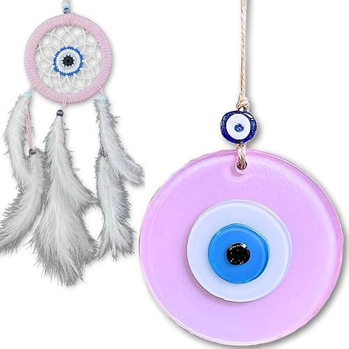 Vista 2 de Macroria Caja de regalo colgante de macramé 2 en 1 con diseño de malvado de ojo turco en polvo y de ojo malvado rosa – Protección positiva y buena