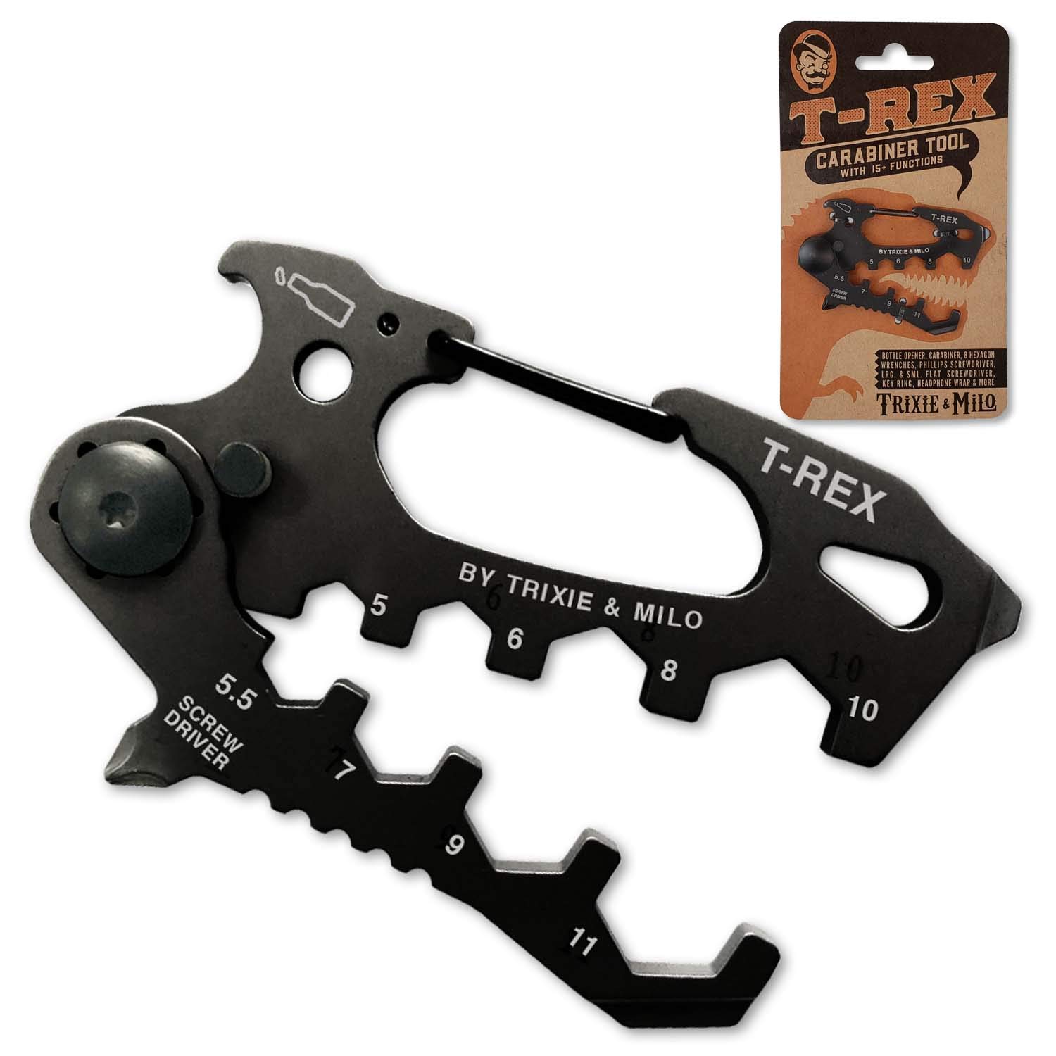 T Rex Carabiner Multitool Keychain- Caribeaner Clip - Bottle Opener Keychain Screwdriver - Keychain Bottle Opener - Travel Gifts - Pocket Screwdriver - Multiple Tools In One - Trixie and Milo