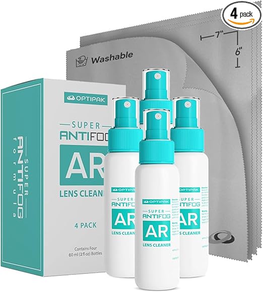 Anti Fog Lens Cleaner Spray Kit | (4) 2oz Anti Fog Glasses Cleaner Spray + (4) Microfiber Cloth for Eyeglasses, Goggles, Sunglasses, Mirror - Eyeglass Defogger Spray Cleaning Kit (8 Piece Set)