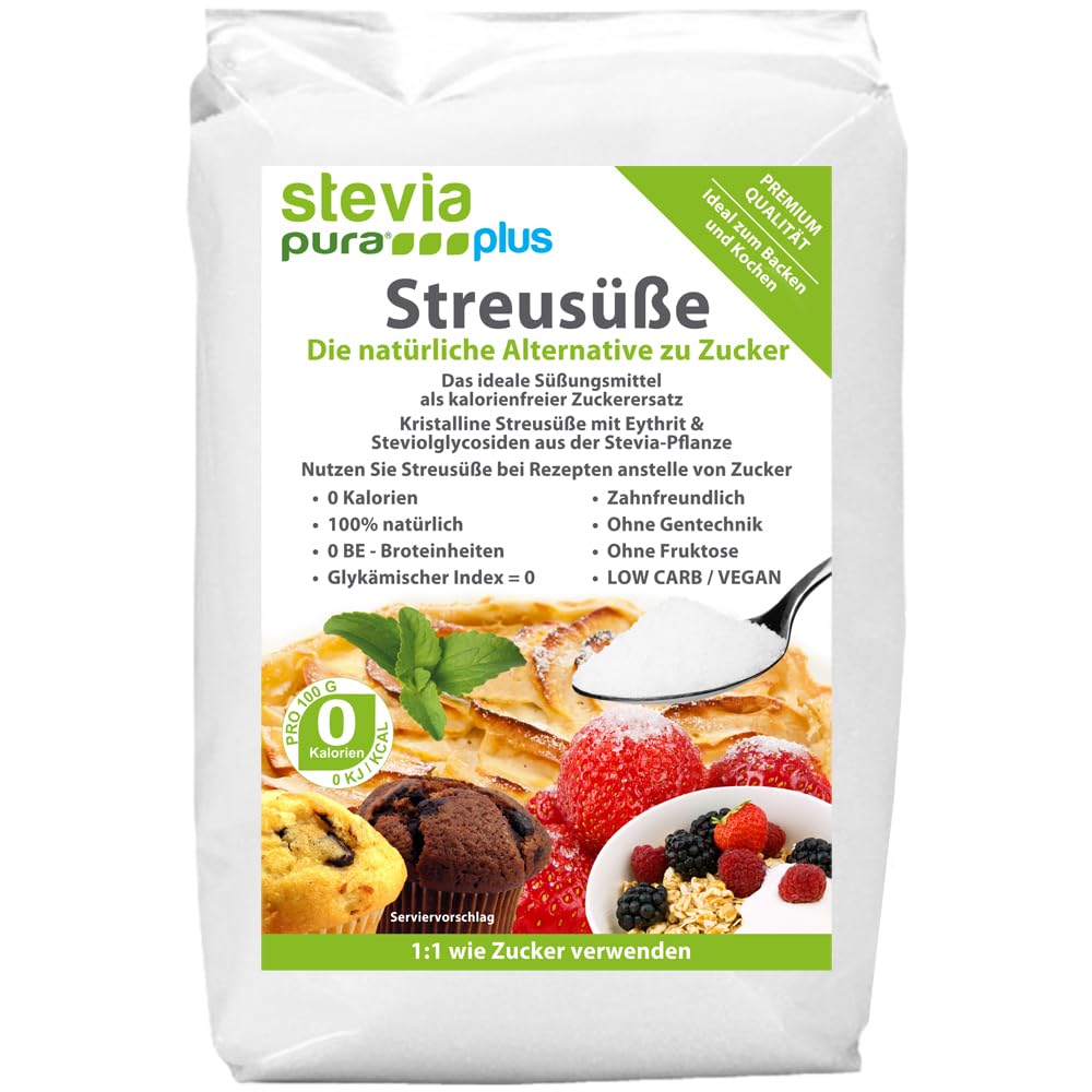 Streusüße | steviapuraPlus 100% Natürlicher Zuckerersatz Erythrit + Stevia 1:1 | 1g = 1g Zucker | 0 Kalorien - 0 Glykämischer Index - Kein GVO | 5kg
