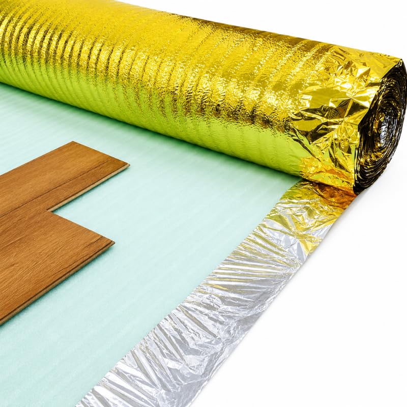 3mm Acoustic Gold Underlay for Wood or Laminate Flooring Comfort and Moisture Underlay Foil Damp Proof Membrane - Sound & Heat Insulation (Roll Coverage: 1mx15m) (15m2 Roll)
