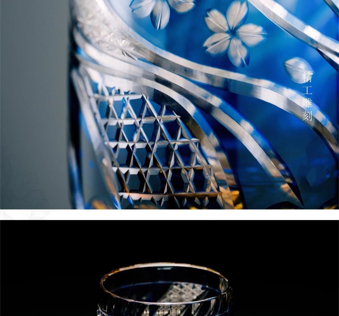Edo Kiriko Japanese Crystal Whiskey Glass, Hand Cut Design, Black and Clear, Vintage Style Cocktail Tumbler (Blue Flower) image 4