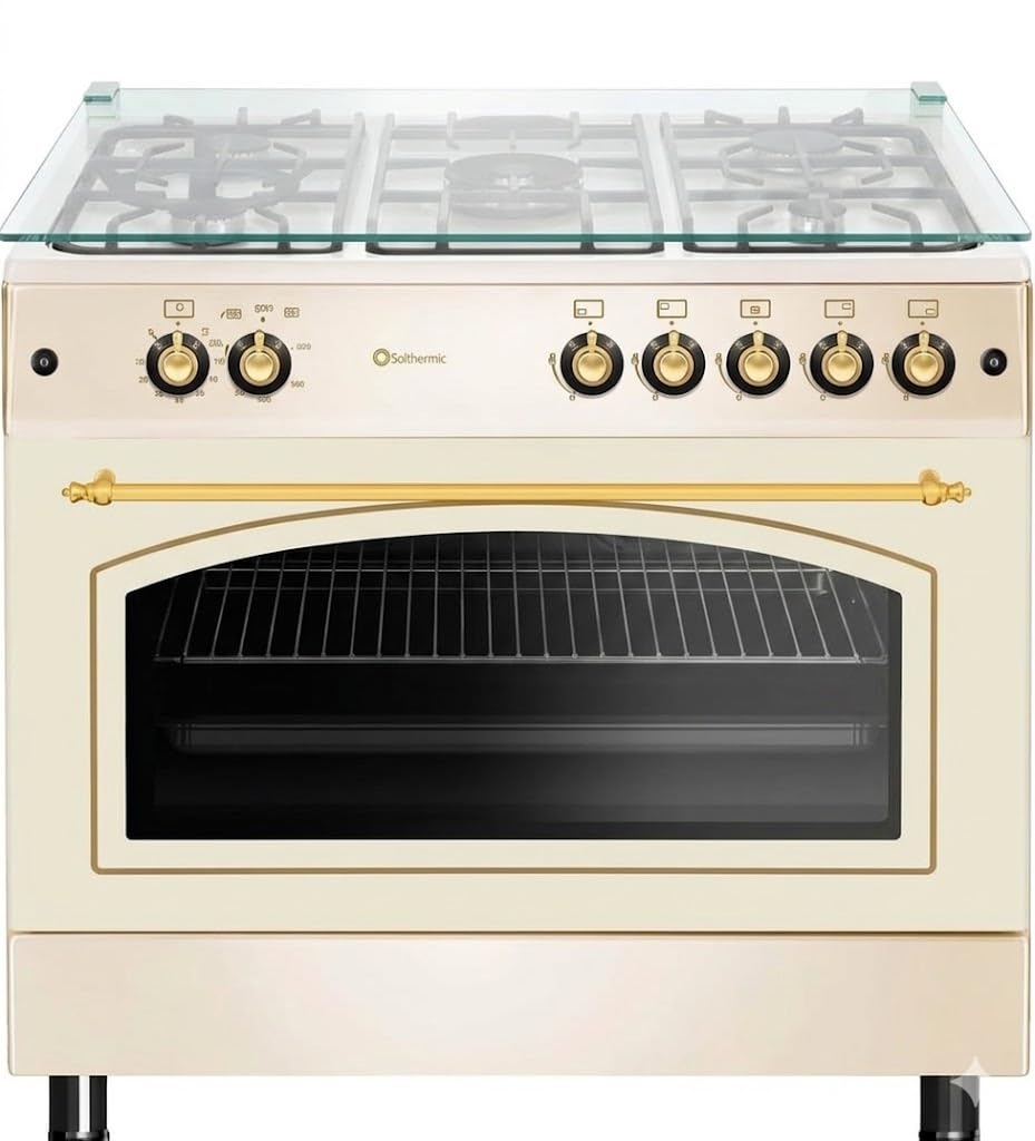 SOLTHERMIC F9L50G2-C COCINA CREMA RUSTICA CON MANDOS DORADOS/ANCHO 90 CMS / 5 FUEGOS/HORNO PANORAMICO 115 L. / GAS BUTANO Y GAS CIUDAD/ENTREGA A DOMICILIO Y RETIRADA DEL USADO GRATIS
