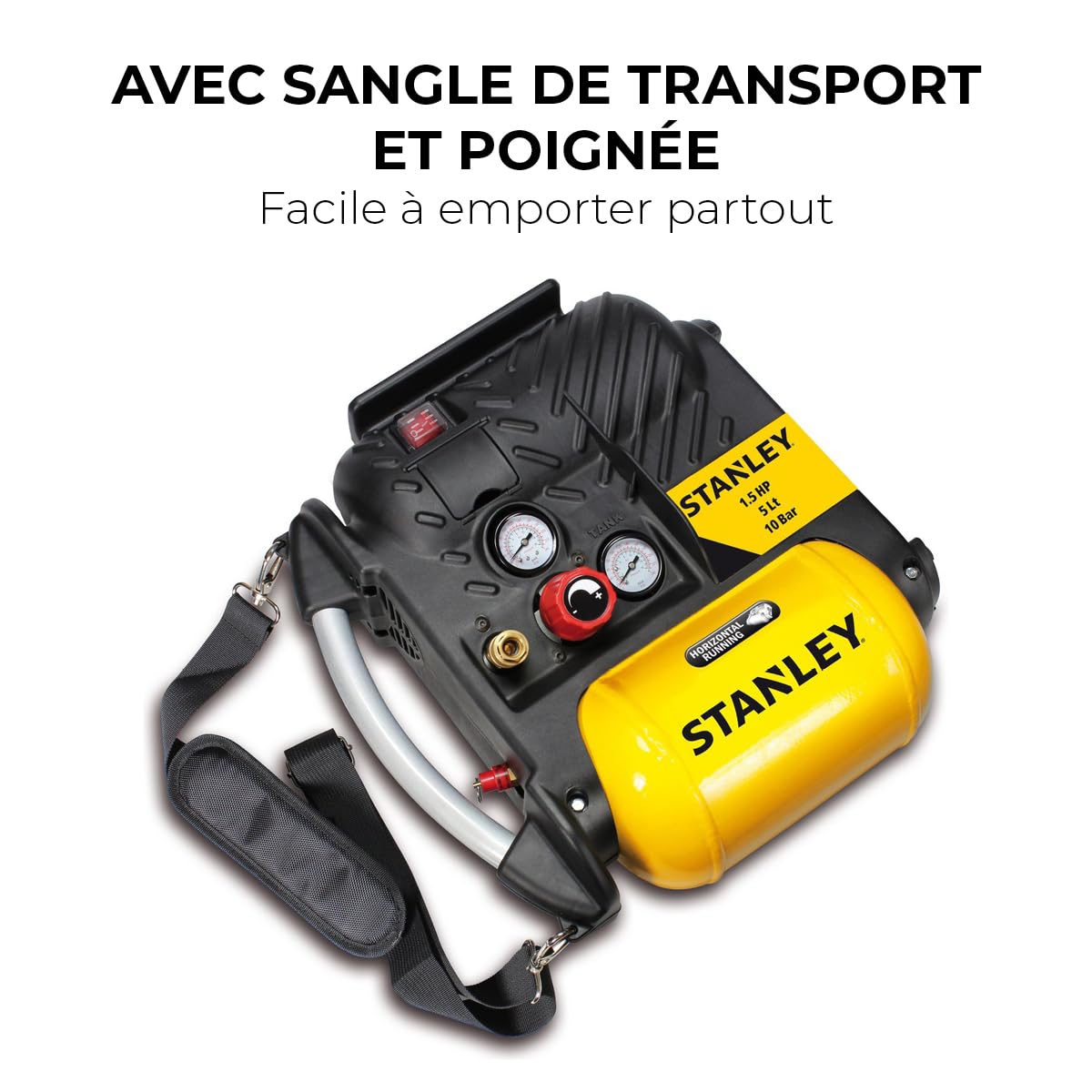 Stanley Compresseur DN200/10/5 - Compresseur à Air 10 Bar - 5L - 180L/Min - Compresseur à Air Portatif avec Poignée et Sangle de Transport - Jaune