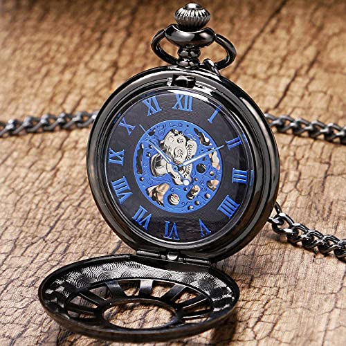 Zakhorloge Mode Auto Wielen Case Design met Blauwe Romeinse Cijfers Skeleton FOB Mechanische Hanger Zakhorloge met Ketting; - Afbeelding 3