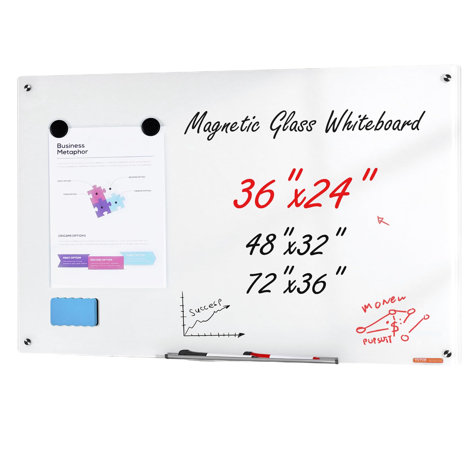 VEVOR Szklana tablica magnetyczna, suchościeralna, 90 x 60 cm, duża nieoprawiona tablica na notatki z półką z markerami, zmaszarką i 2 markerami, do biura, szkoły, restauracji domowej