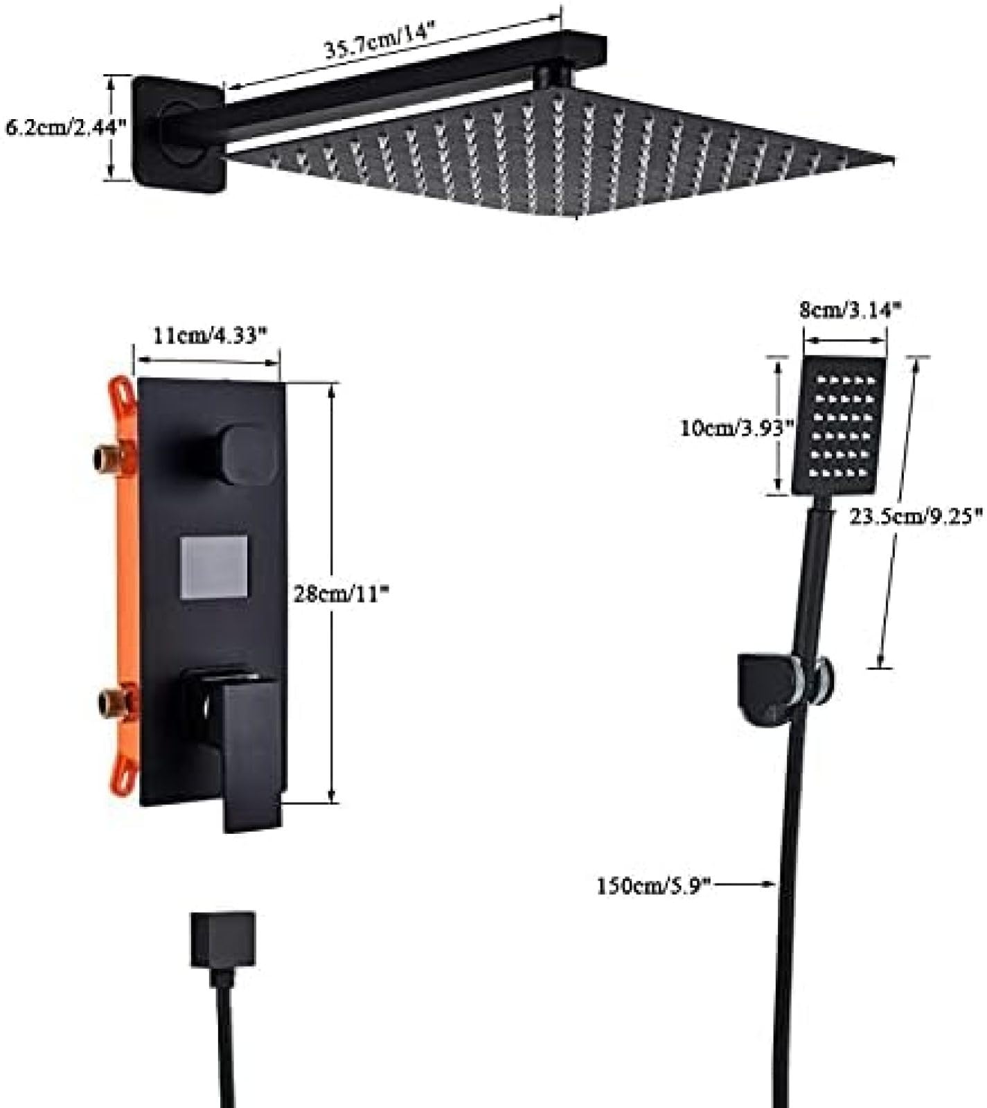 Doccia da Bagno 2 funzioni Rubinetti per Doccia digitali Neri Set Soffione Doccia a Pioggia Miscelatore con Display Digitale a 2 Vie Miscelatore per Doccia-8 Pollici,8 Pollici