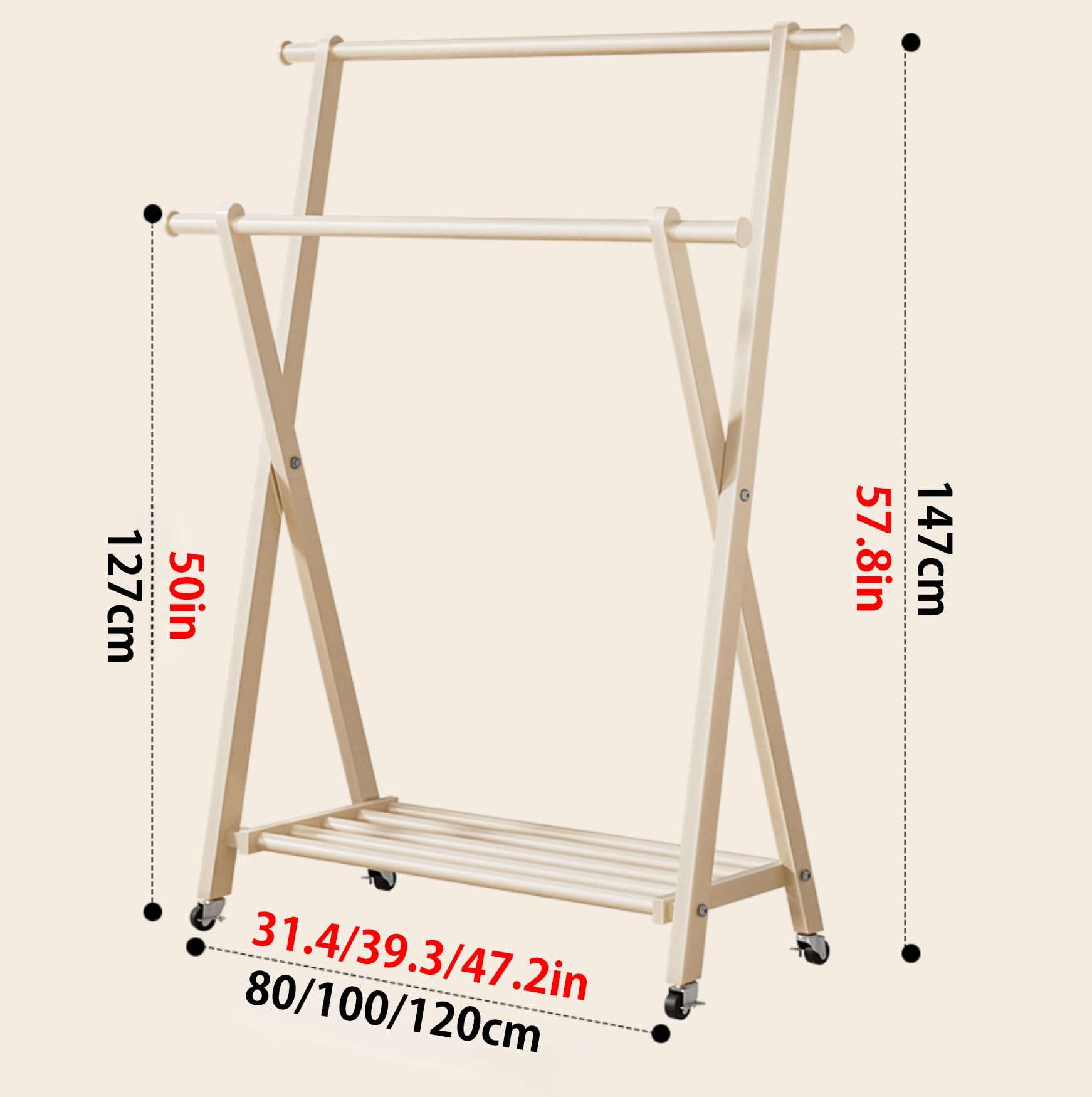 Foable - Appendiabiti con ruote, resistente, capacità 50 kg, facile da spostare, ideale per soggiorno e camera da letto, grigio, 100 x 40 cm