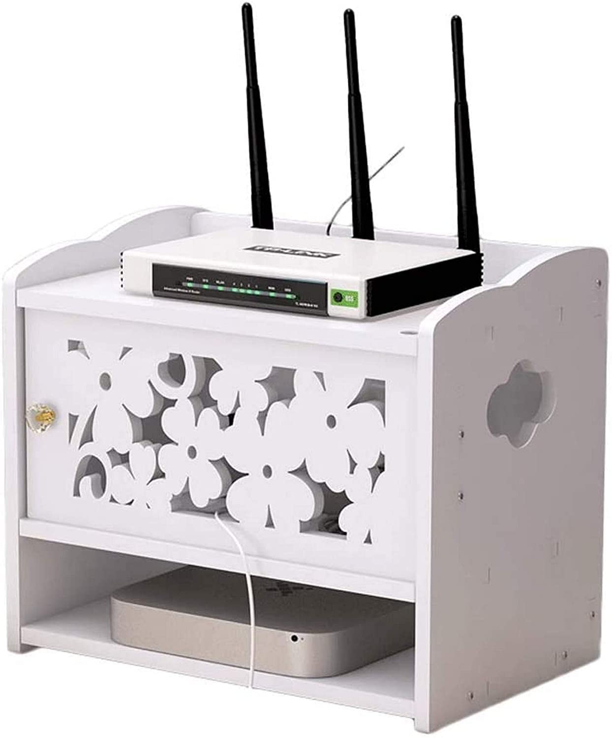 ❀❀❀Wifi-Router-Regal,Desktop-Deko-Box, Aufbewahrungsbox for kabellose Router – weiße WLAN-Router-Aufbewahrungsbox, kreative Netzkabel-Finishing-Box, Holz-Kunststoffplatte, Set-Top-Box-Rack, doppeltes