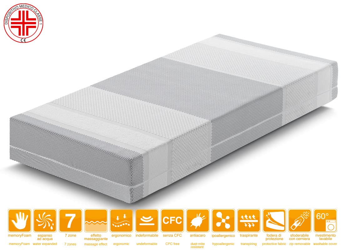 Marcapiuma - Colchón viscoelástico Individual Memory 80x190 Alto 20 cm - Sunrise Plus - H2 Medio/Firme 5 Zonas Producto Sanitario CE Funda desenfundable Silver Antiácaros 100% Fabricado en Italia