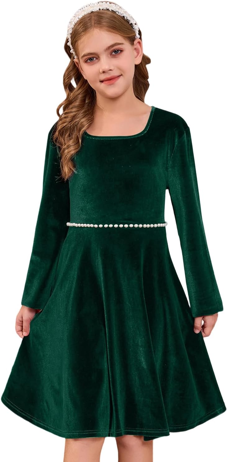 Girls Velvet Dress Classic Square Long Sleeve Dress with Pearls Waist Kids Vintage Christmas Party Dress, Size 5-11