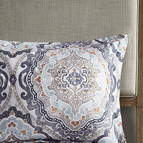 Madison Park Essentials Titus Bed In A Bag Reversible Comforter With Complete Sheet Set, Casual Medallion Damask Print, All Season Cover, Decorative Pillow, Queen(90"X90"), Navy 8 Piece #TOP4