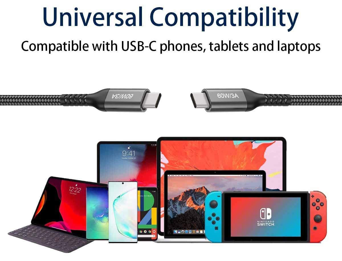 Cable USB-C a USB C de 60 W, cable USB tipo C extralargo para iPhone 15, MacBook Pro 2020, iPad Air 5th, Galaxy S23 S22, Note 20, Pixel 7, Switch, portátiles tipo C y teléfono