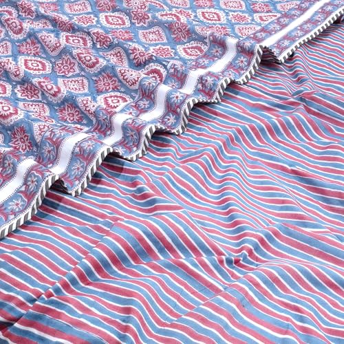 Image of TOAIArt Premium Jaipuri Dohar | AC Blanket Summer Quilt | Hand Block Printed | 3 Layers | Reversible | 150GSM 100% Mulmul Cotton | 100% Cotton Flannel Filling | King 108 inch X 90 inch |Spanish Villa