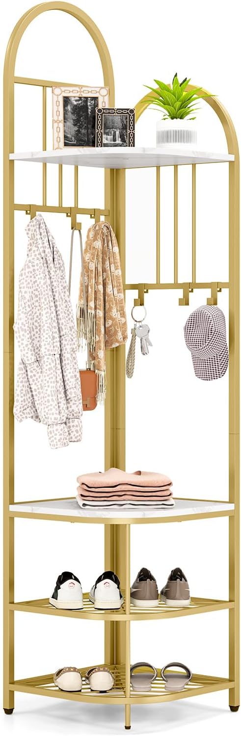 Tangkula Corner Hall Tree, 71 Inch Tall Entryway Coat Rack with Shoe Bench & 4 Storage Shelves, 6 Movable Hooks, Freestanding Metal Corner Clothes Rack for Bedroom Hallway Living Room