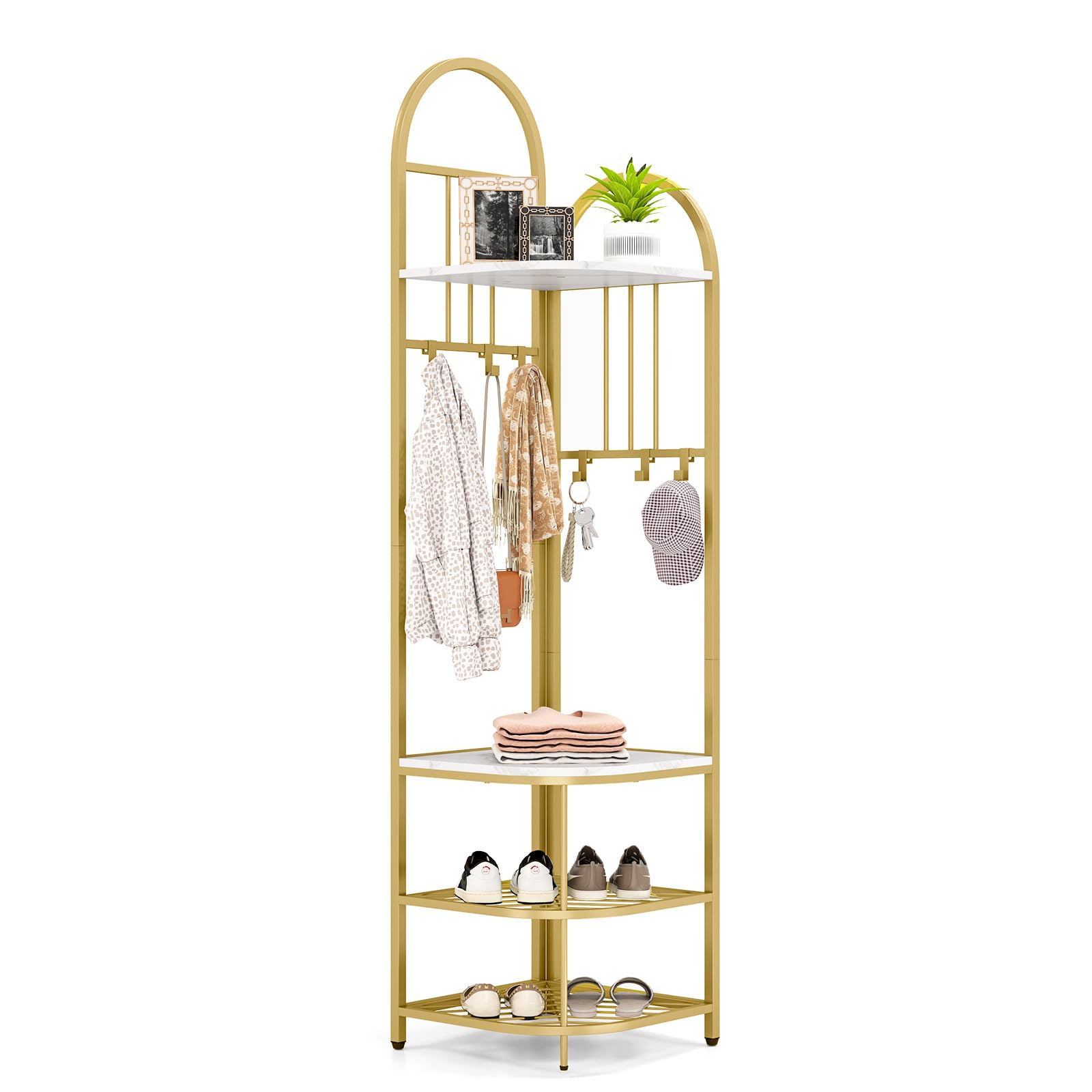 Tangkula Corner Hall Tree, 71 Inch Tall Entryway Coat Rack with Shoe Bench & 4 Storage Shelves, 6 Movable Hooks, Freestanding Metal Corner Clothes