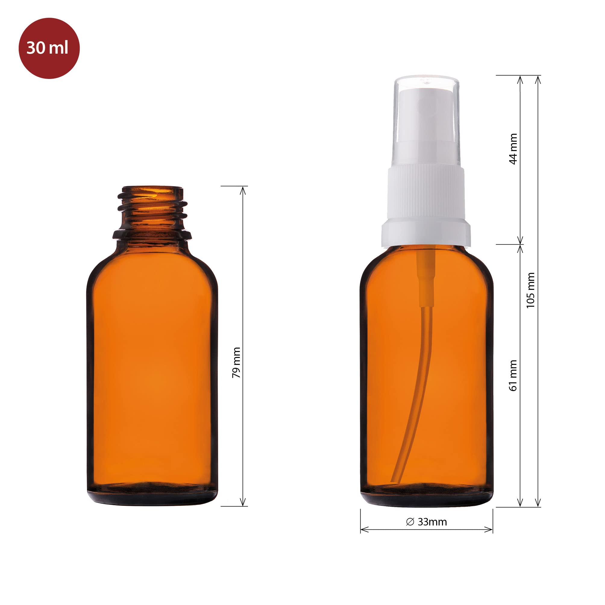 Flacon Pulvérisateur en Verre Ambré - 30ml-110pcs de Pharmacie avec Atomiseur Blanc - Brun avec 5 Accessoires