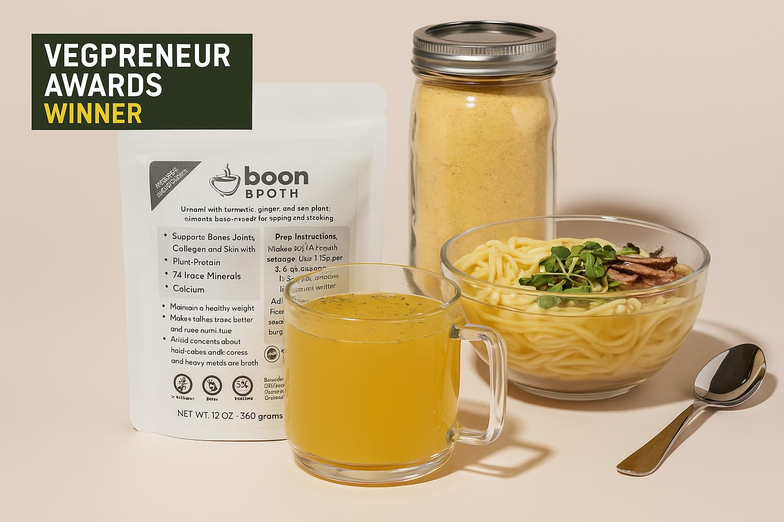 Boon Broth - Savory Plant-Based Soup Powder, High Calcium Broth with 72 Trace Minerals - Ideal for Sipping, Fasting, and The Bone Broth Diet - 30 servings