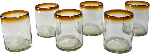 Miniatura 3 de Juego de 6 vasos soplados a mano hechos a mano de México. Juego de 6 piezas (borde ámbar, antiguo de 10 onzas)