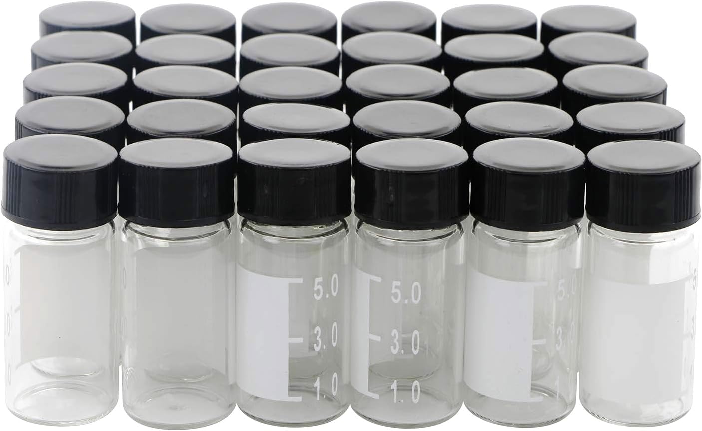 Kesell 30-Pack 5ml（0.17oz, 1.35dram） Premium Glass Vials - Clear Borosilicate Glass, Graduated, with Labels - Small Jars with Lids for Samples