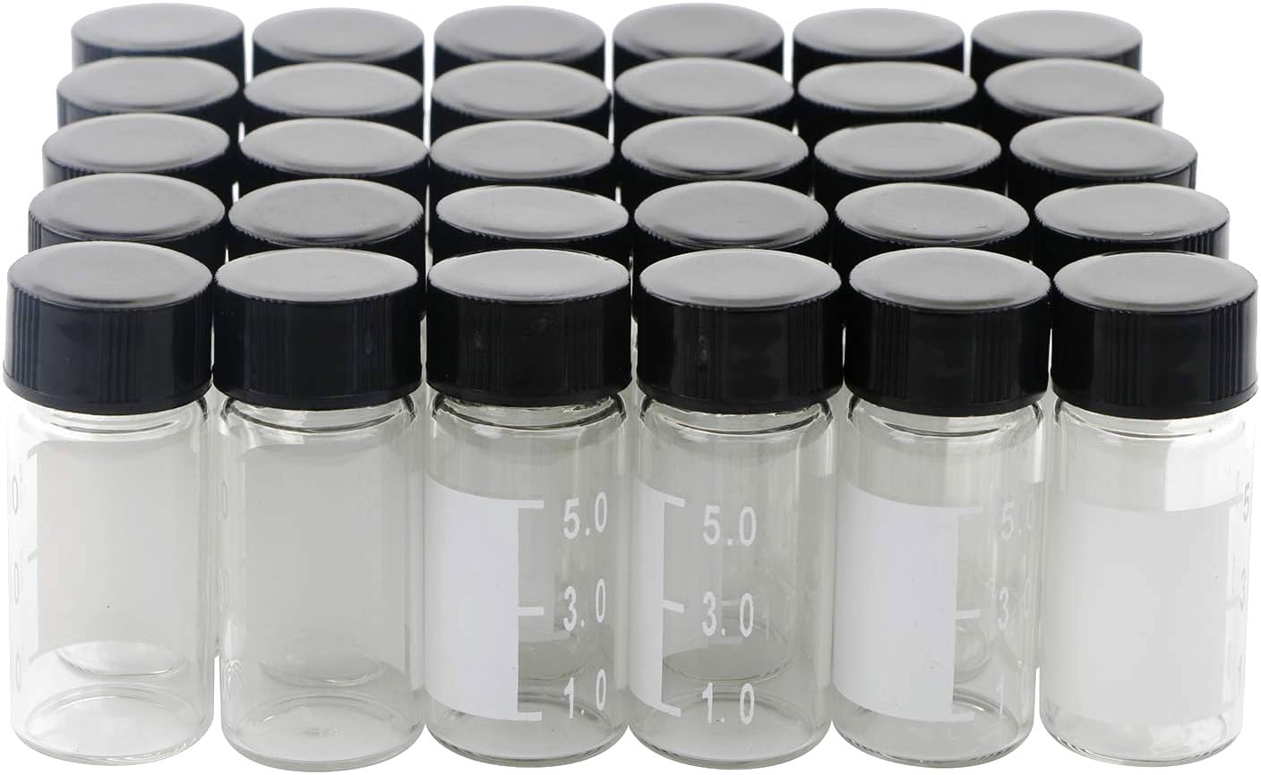 Kesell 30-Pack 5ml（0.17oz, 1.35dram） Premium Glass Vials - Clear Borosilicate Glass, Graduated, with Labels - Small Jars with Lids for Anointing Oil, Samples, and Specimens