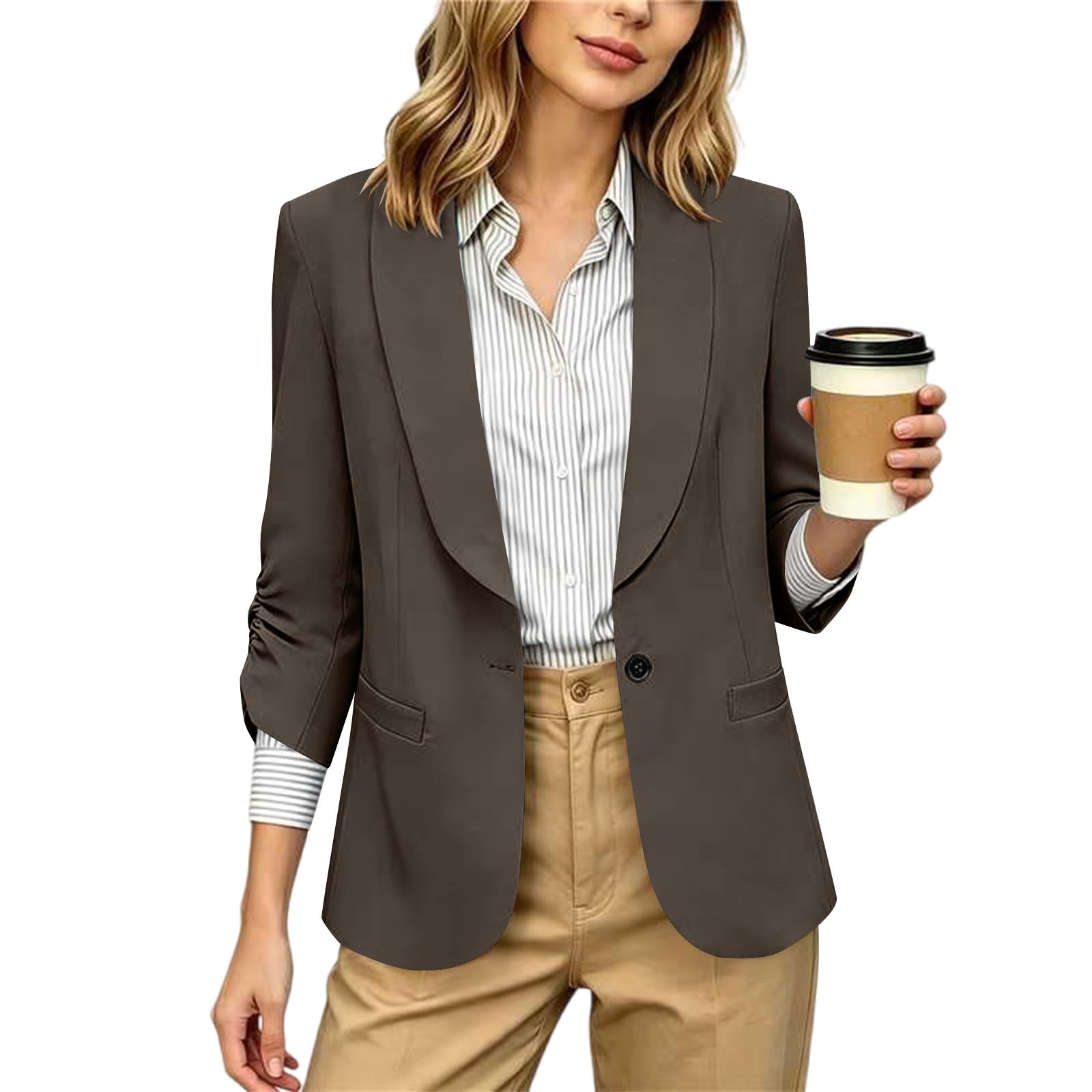 RLEHJN Damen Blazer,Lange Casual Open Front Gefütterte Blazer Arbeit Büro Jacken mit Taschen Sportlich Elegant Blazerjacke Casual Blazer Jacket Übergangsjacke Business Casual Outfits Für Die Arbeit