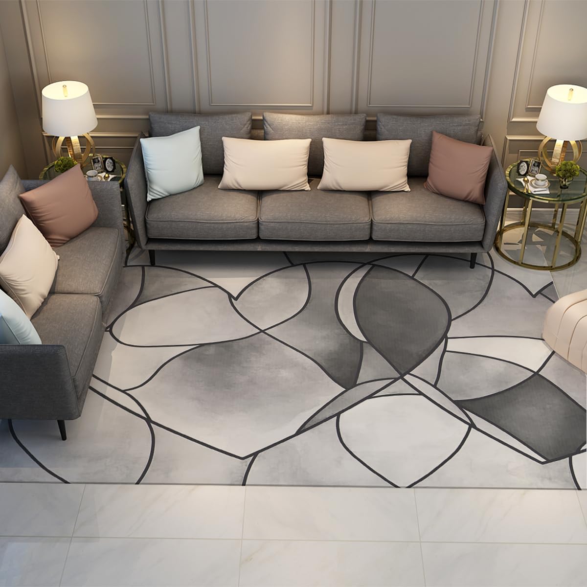 Tapis 160x200cm lavable gris au motif cœur abstrait pour le salon