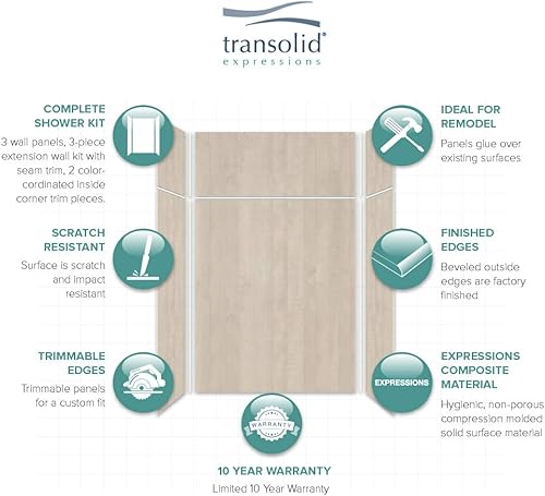 Miniatura 53 de Transolid EWKX483696-41 Expressions - Kit de pared de ducha de 6 paneles con extensión, 36 pulgadas de largo x 48 pulgadas de ancho x 96 pulgadas