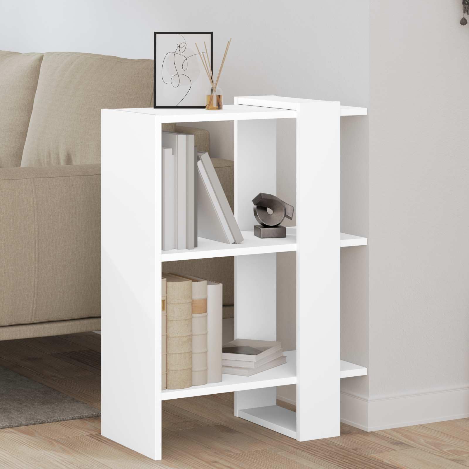 Scaffale bianco 52 x 25 x 71,5 cm in legno con 2 scomparti | Divisorio compatto per soggiorno e camera da letto. Struttura robusta con superficie liscia per libri e decorazioni.