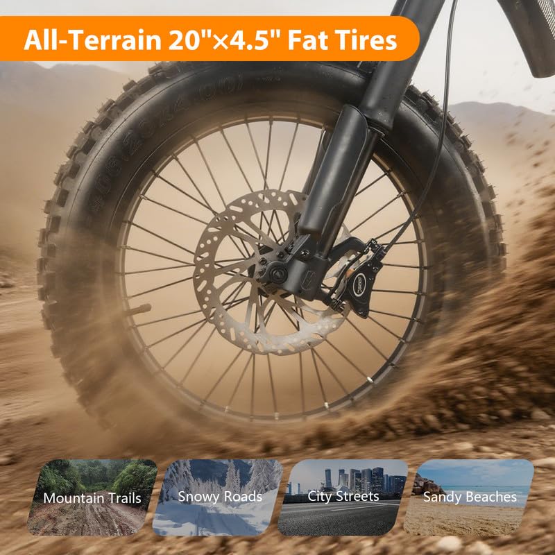 Image of 1200W 48V Electric Bike for Adults 15.6AH Removable Lithium Battery 44.2 Mph Max Speed 20 inchx4 inch Fat Tires 5-Speed Gears 7s Shimano Hydraulic Brakes Aluminum Frame with Rear Rack & Fenders Scarlet