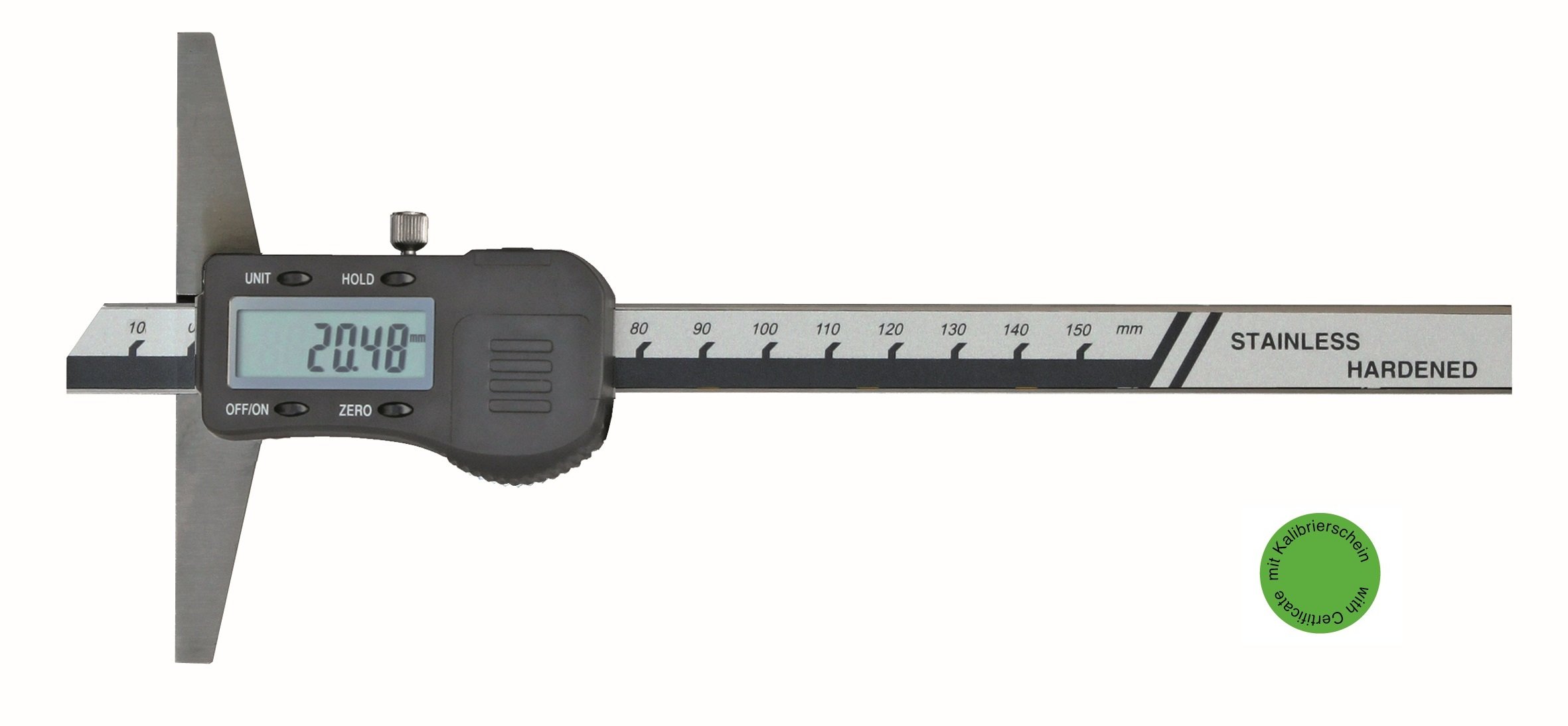 CNC QUALITÄT, cyfrowa suwmiarka głębokości, zakres pomiarowy 300 mm, długość mostu 150 mm, DIN 862, kalibracja wg VDI/VDE/DGQ 2618