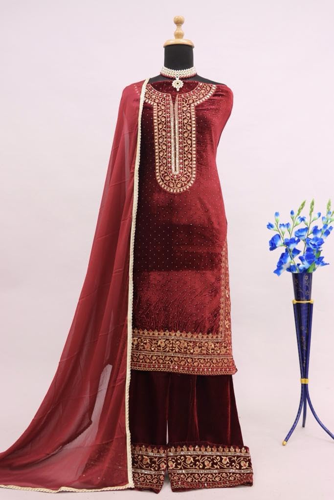 Indian/Pakistani Stitched Suit for Women Eid Ramzan Wear Plazzo Style Velvet Salwar Kameez Dress for Women