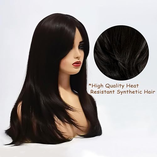 Miniatura 3 de Peluca larga negra para mujer, con flequillo, peluca en capas, longitud al hombro, resistente al calor, pelucas sintéticas para mujeres con