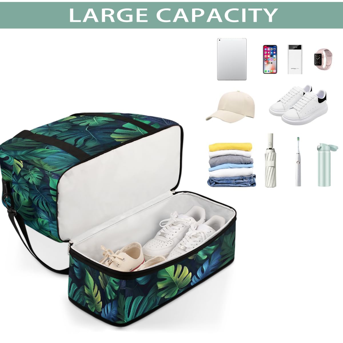 Borsone estivo da viaggio pieghevole con foglie di palma tropicale, borsa da palestra espandibile con scomparto per scarpe, borsa da weekender di grande capacità, borsa da viaggio per sport, viaggi