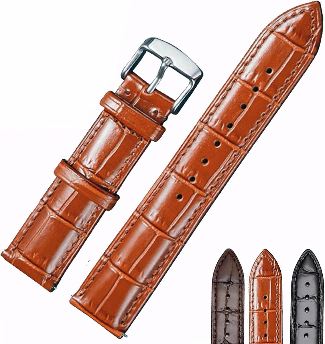 Strapseeker Leroy Vintage Watch Band Glossy Alligator Grain Embossed Calf Leather Strap - Genuine Quality Double-Sided Leather Watch Band Replacement for Men and Women 18mm 19mm 20mm 22mm - Black & Brown : Clothing, Shoes & Jewelry