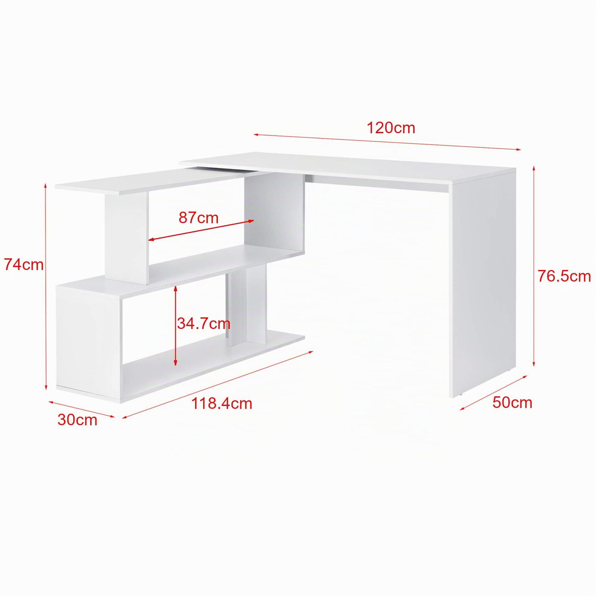 [en.casa] Scrivania Angolare con Scaffale Ruotabile a 180° Tavolo per PC Postazione di Lavoro Scrivania a L con 2 Ripiani (AxLxP) 77x120x50 cm per Ufficio Studio - Bianco