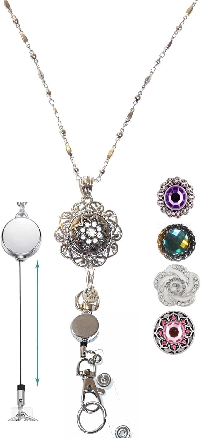 Hidden Hollow Beads Interchangeable Snap Button Lanyard Women's Stainlesss Steel Chain ID Badge holder Teacher Cruise Phone