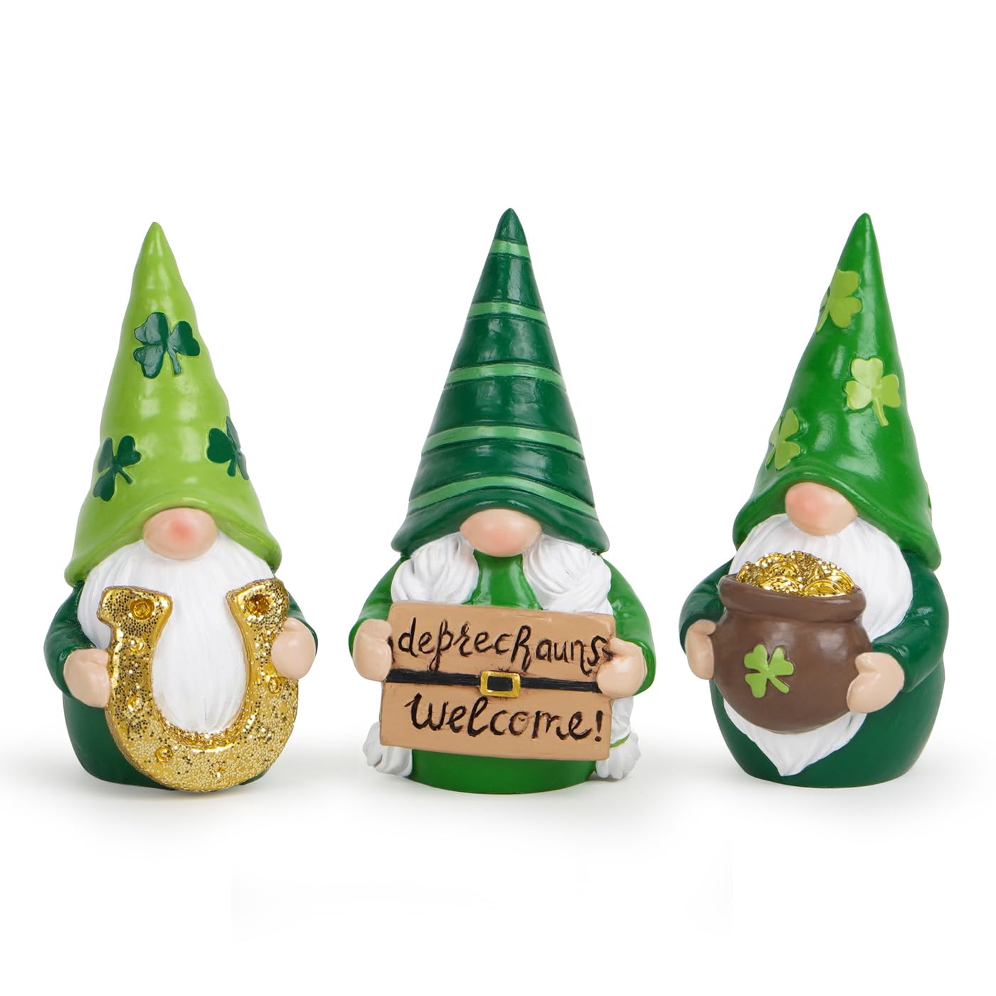 Hodao St. Patrick’s Day Gnomes Figurines— Hand-Painted Resin Leprechaun Gnomes with Pot of Gold, Horseshoe & Shamrock, Lucky Green Home Decor & Gift