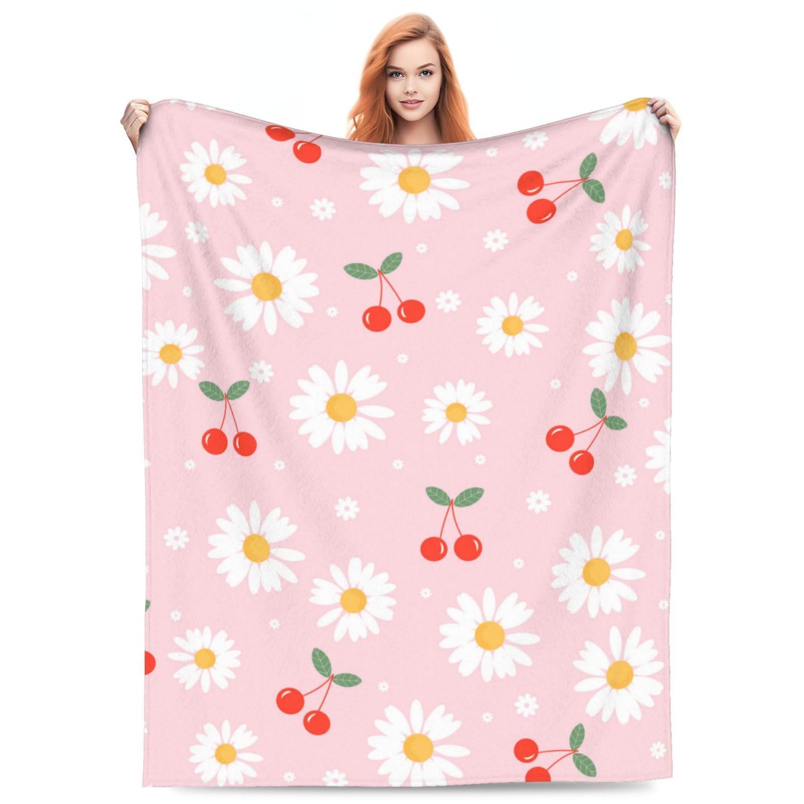 Cherry Fruit Daisy Flower Blanket Throw Blanket Soft Fuzzy Travel Blanket for Bedroom Living Room Couch Office Car All Season Gift for Girls Boys Women Men 60"x50"