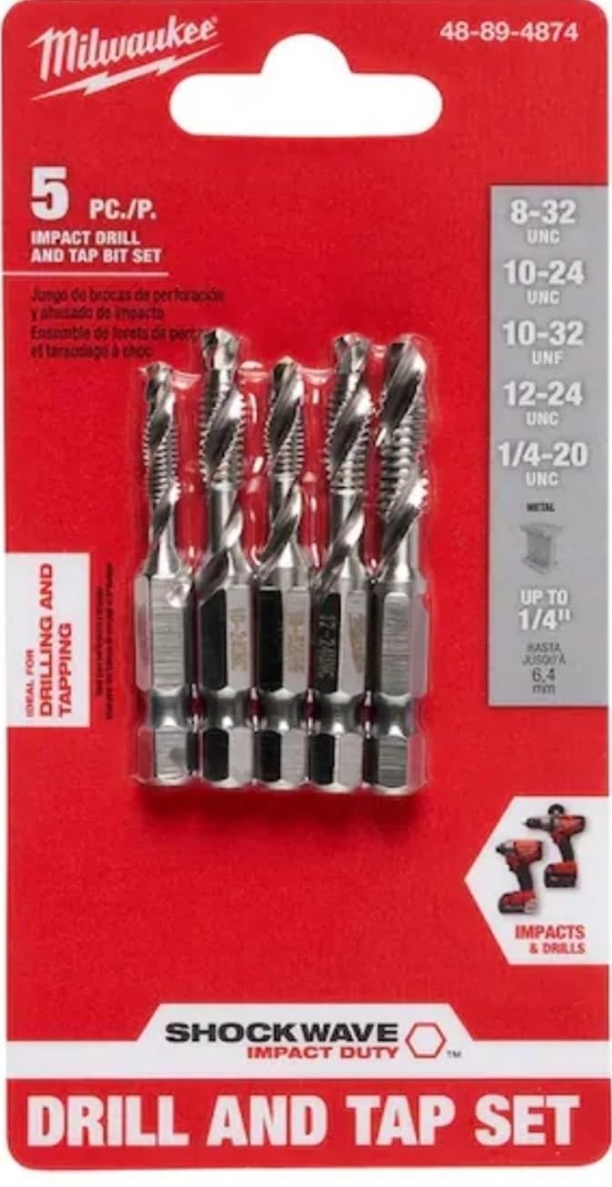 Milwaukee 48-89-4874 Shockwave Impact Duty SAE Steel Drill and Tap Bit Set, 5-Piece, Sizes 8-32 to 1/4-20