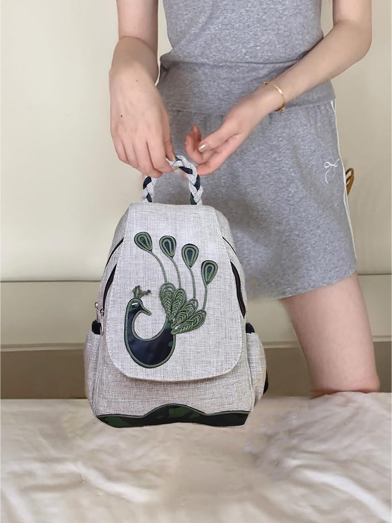 Mochila Pequeña de Cáñamo para Mujer Mochila Bohemia Pavo Real