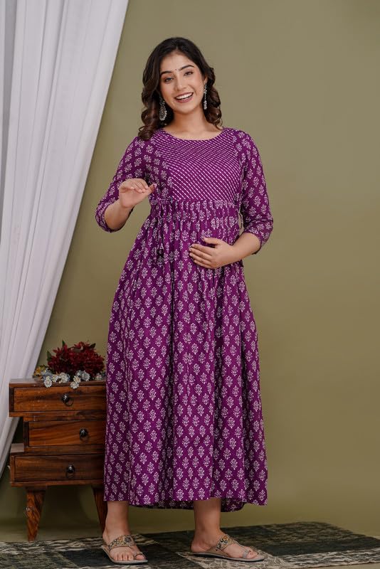 Image of Women's Pure Cotton Printed Maternity Gown /Maternity wear /Feeding Gown A-line Maternity Feeding Dress Maternity Kurti Gown for Women