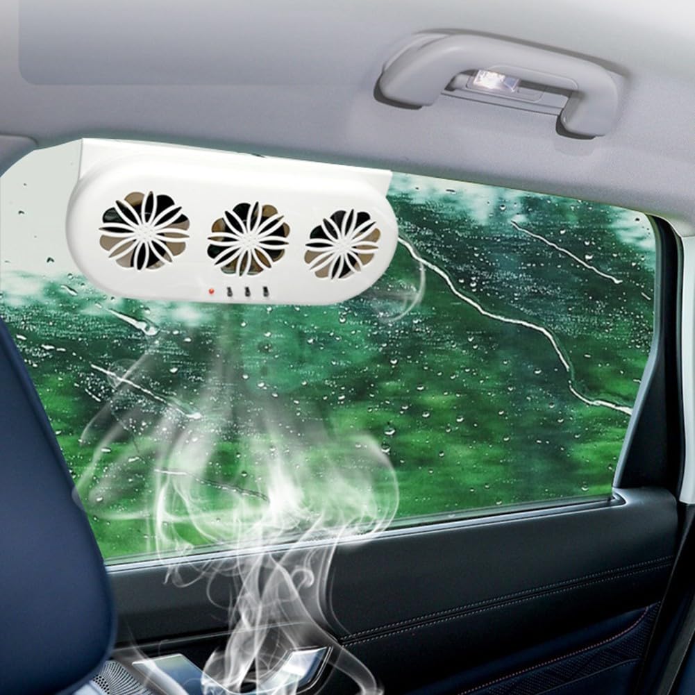 Ventilador extractor de aire para coche alimentado por energía solar Ventilación de triple cabezal USB y carga de 12 V 23 × 11.3 × 5.2 cm para refrigeración del vehículo (blanco)